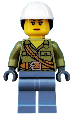 Volcano Explorer - Female, Shirt with Belt and Shoulder Ropes, White Construction Helmet with Dark Brown Ponytail Hair