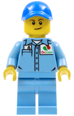 Medium Blue Uniform Shirt with Pocket and Octan Logo, Medium Blue Legs, Blue Cap with Hole, Lopsided Smile