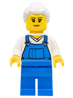 Farm Hand, Female, Overalls Blue over V-Neck Shirt, Light Bluish Gray Hair with Top Knot Bun