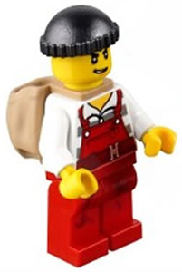 Police - City Bandit Male with Red Overalls, Black Knit Cap, Backpack, Lopsided Open Mouth Smile