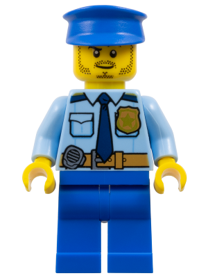 Police - City Shirt with Dark Blue Tie and Gold Badge, Dark Tan Belt with Radio, Blue Legs, Blue Police Hat, Black Stubble and Raised Right Eyebrow