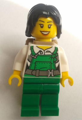 Police - City Bandit Female with Green Overalls, Black Mid-Length Tousled Hair, Backpack, Dark Orange Lips Open Mouth Smile