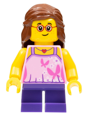 Child - Girl, Bright Pink Top, Dark Purple Legs, Reddish Brown Hair, Glasses, Freckles