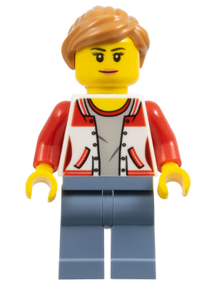 City Bus Passenger - Female Jacket Open with Number '8' on Back, Sand Blue Legs, Medium Nougat Hair Ponytail, Nougat Lips