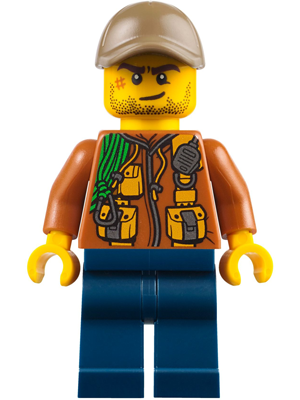 City Jungle Explorer - Dark Orange Jacket with Pouches, Dark Blue Legs, Dark Tan Cap with Hole, Crooked Smile and Scar