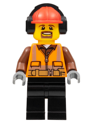 Cargo Center Worker - Male, Orange Safety Vest, Reflective Stripes, Reddish Brown Shirt, Black Legs, Red Construction Helmet with Black Ear Protectors / Headphones, Goatee