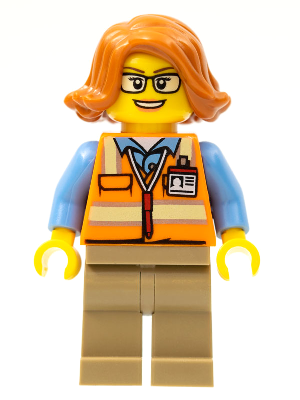 Cargo Office Worker - Orange Safety Vest with Reflective Stripes, Dark Tan Legs, Dark Orange Female Hair Short Swept Sideways, Glasses