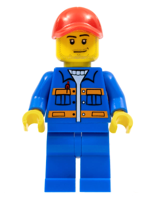 Blue Jacket with Pockets and Orange Stripes, Blue Legs, Red Cap with Hole