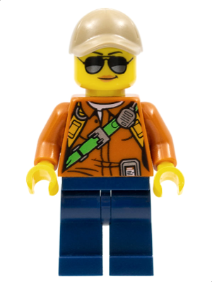 City Jungle Explorer Female - Dark Orange Shirt with Green Strap, Dark Blue Legs, Dark Tan Cap with Hole, Sunglasses