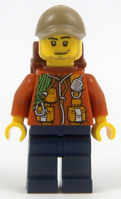 City Jungle Explorer - Dark Orange Jacket with Pouches, Dark Blue Legs, Dark Tan Cap with Hole, Smirk and Stubble Beard with Backpack