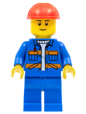 Blue Jacket with Diagonal Lower Pockets and Orange Stripes, Blue Legs, Red Construction Helmet