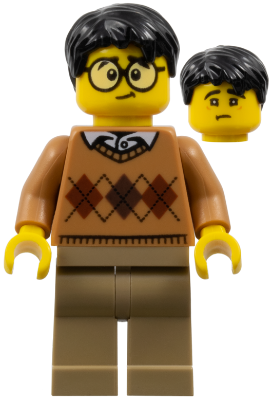 Medium Nougat Argyle Sweater, Dark Tan Legs, Black Hair, Large Round Glasses