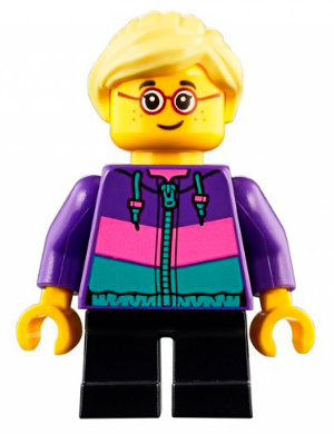 Child - Girl, Dark Purple Jacket, Black Short Legs, Bright Light Yellow Ponytail, Glasses, Freckles