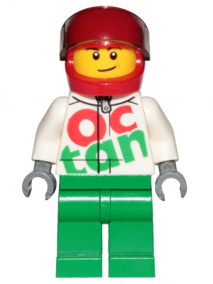 Race Car Driver, White Octan Racing Suit with Silver Zipper, Red Helmet with Trans-Brown Visor, Lopsided Smile