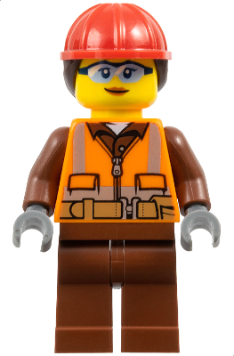 Construction Worker - Female, Orange Safety Vest, Reflective Stripes, Reddish Brown Shirt and Legs, Red Construction Helmet with Dark Brown Ponytail Hair, Safety Glasses