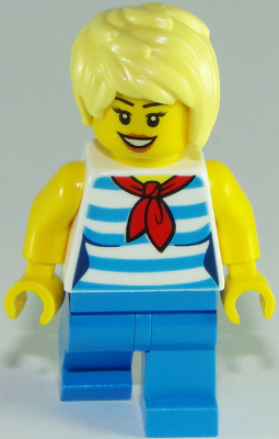 Ice Cream Vendor - Female, Dark Azure and White Striped Shirt with Red Scarf, Dark Azure Legs, Bright Light Yellow Short Tousled Hair with Side Part