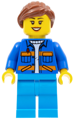 Garbage Worker - Female, Blue Jacket with Diagonal Lower Pockets and Orange Stripes, Dark Azure Legs, Reddish Brown Ponytail