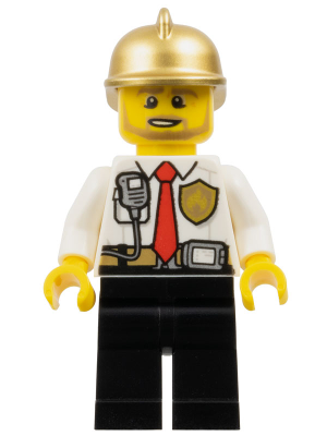 Fire - White Shirt with Tie and Belt and Radio, Black Legs, Gold Fire Helmet