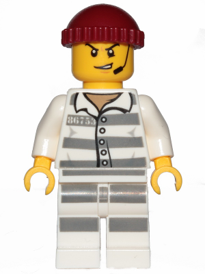 Sky Police - Jail Prisoner 86753 Prison Stripes, Scowl with Open Mouth and Headset, Dark Red Knit Cap