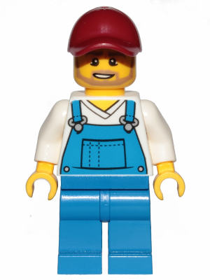 Gardener - Male, Blue Overalls over V-Neck Shirt, Blue Legs, Dark Red Cap, Beard