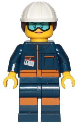 Ground Crew Technician - Female, Dark Blue Jumpsuit, White Construction Helmet with Dark Brown Ponytail Hair, Light Blue Goggles