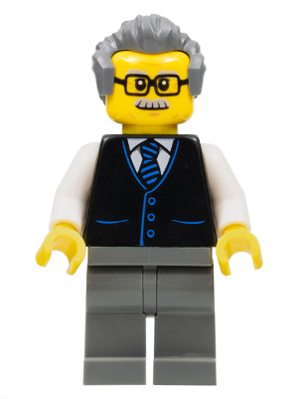 Launch Director - Male, Black Vest with Blue Striped Tie, Dark Bluish Gray Legs, Dark Bluish Gray Hair, Glasses and Moustache