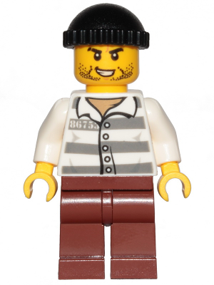 Police - Jail Prisoner 86753 Prison Stripes, Black Knit Cap, Reddish Brown Legs, Beard Stubble and Lopsided Grin