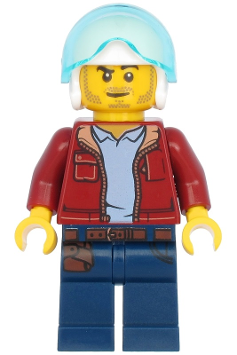 Man, Dark Red Jacket with Bright Light Blue Shirt, Dark Blue Legs with Belt, White Flight Helmet, Trans-Light Blue Flight Visor, Stubble (Helicopter Pilot)