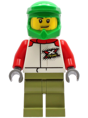 Wheelchair Athlete - Male, White and Red Racing Suit with 'XTREME' Logo, Olive Green Legs, Bright Green Dirt Bike Helmet, Stubble