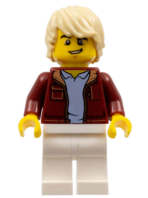 Man, Dark Red Jacket with Bright Light Blue Shirt, White Legs, Tan Tousled Hair, Lopsided Grin (Car Driver)