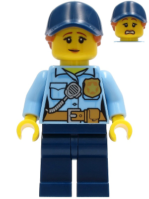 Police - City Officer Female, Bright Light Blue Shirt with Badge and Radio, Dark Blue Legs, Dark Blue Cap with Dark Orange Ponytail, Pensive Smile