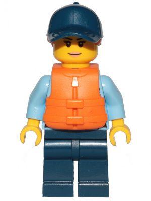 Police - City Officer Female, Bright Light Blue Shirt with Badge and Radio, Dark Blue Legs, Dark Blue Cap with Dark Orange Ponytail, Life Jacket