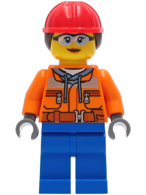 Construction Worker - Female, Orange Safety Jacket, Reflective Stripe, Sand Blue Hoodie, Blue Legs, Red Construction Helmet with Dark Brown Ponytail Hair, Safety Glasses