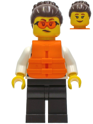 Police - Officer Gracie Goodhart, Dark Blue Vest, Black Legs, Dark Brown Hair with Bun, Safety Glasses, Orange Life Jacket