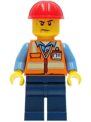 Construction Worker - Male, Orange Safety Vest with Reflective Stripes, Dark Blue Legs, Red Construction Helmet, Sweat Drops