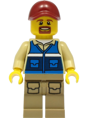 Wildlife Rescue Worker - Male, Dark Red Cap, Blue Vest with 'RESCUE' Pattern on Back, Dark Tan Legs with Pockets, Beard