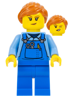 Janitor - Female, Blue Overalls over Medium Blue Shirt, Blue Legs, Dark Orange Hair, Back Print
