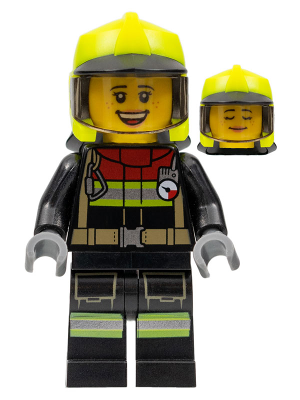 Fire - Female, Black Jacket and Legs with Reflective Stripes and Red Collar, Neon Yellow Fire Helmet, Trans-Brown Visor, Freckles (Sarah Feldman)
