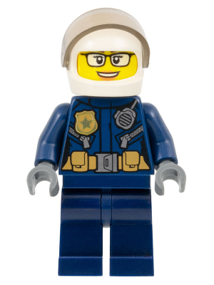 Police - City Motorcyclist Female, Leather Jacket with Gold Badge and Utility Belt, White Helmet, Trans-Brown Visor, Glasses, and Open Mouth Smile