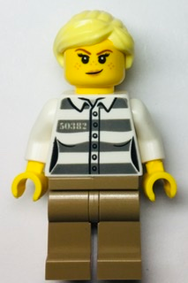 Police - Jail Prisoner 50382 Prison Stripes, Female, Dark Tan Legs, Smirk with Nougat Lips, and Bright Light Yellow Ponytail