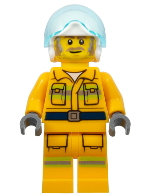 Fire - Reflective Stripes, Bright Light Orange Suit, White Helmet, Dark Tan and Gray Beard