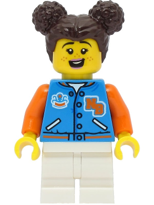 Passenger - Female, Dark Azure Sports Jacket, White Medium Legs, Dark Brown Hair with Buns, Freckles