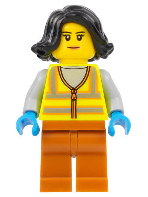 Recycling Worker - Female, Neon Yellow Safety Vest with Reflective Stripes, Dark Orange Legs, Black Hair