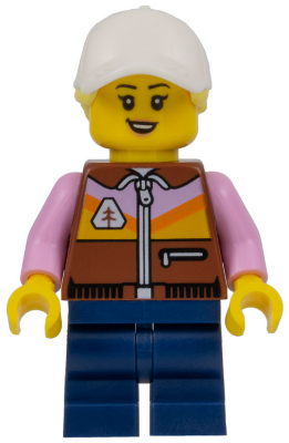 Dirt Bike Rider - Female, Reddish Brown Jacket, Dark Blue Medium Legs, White Cap with Bright Light Yellow Ponytail Hair