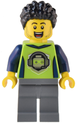 Gaming Tournament Announcer - Male, Lime T-Shirt with Gaming Logo, Dark Bluish Gray Legs, Black Hair