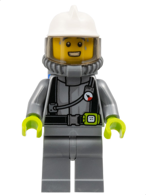 Fire - Male, Flat Silver Suit, White Fire Helmet, Trans-Brown Visor, Breathing Neck Gear with Blue Air Tanks