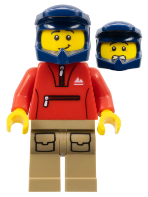 Mountain Bike Cyclist - Male, Red Tracksuit, Dark Tan Legs with Pockets, Dark Blue Dirt Bike Helmet, Lopsided Smile