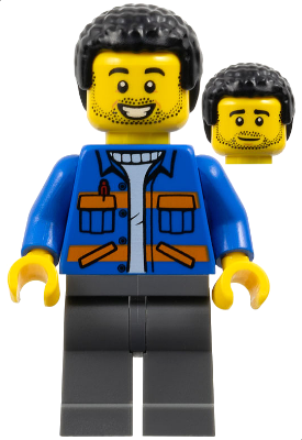 Lawn Mower Operator - Male, Blue Jacket with Diagonal Lower Pockets and Orange Stripes, Dark Bluish Gray Legs, Black Coiled Hair, Stubble