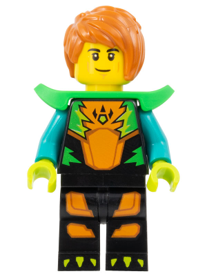 Stuntz Driver - Male, Black Jumpsuit with Orange Trim and Dark Turquoise Arms, Bright Green Shoulder Pads, Dark Orange Hair