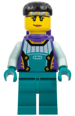 Stuntz Driver - Female, Dark Purple and Dark Turquoise Racing Suit with Light Aqua Arms, Dark Purple Air Tanks, Black Short Hair